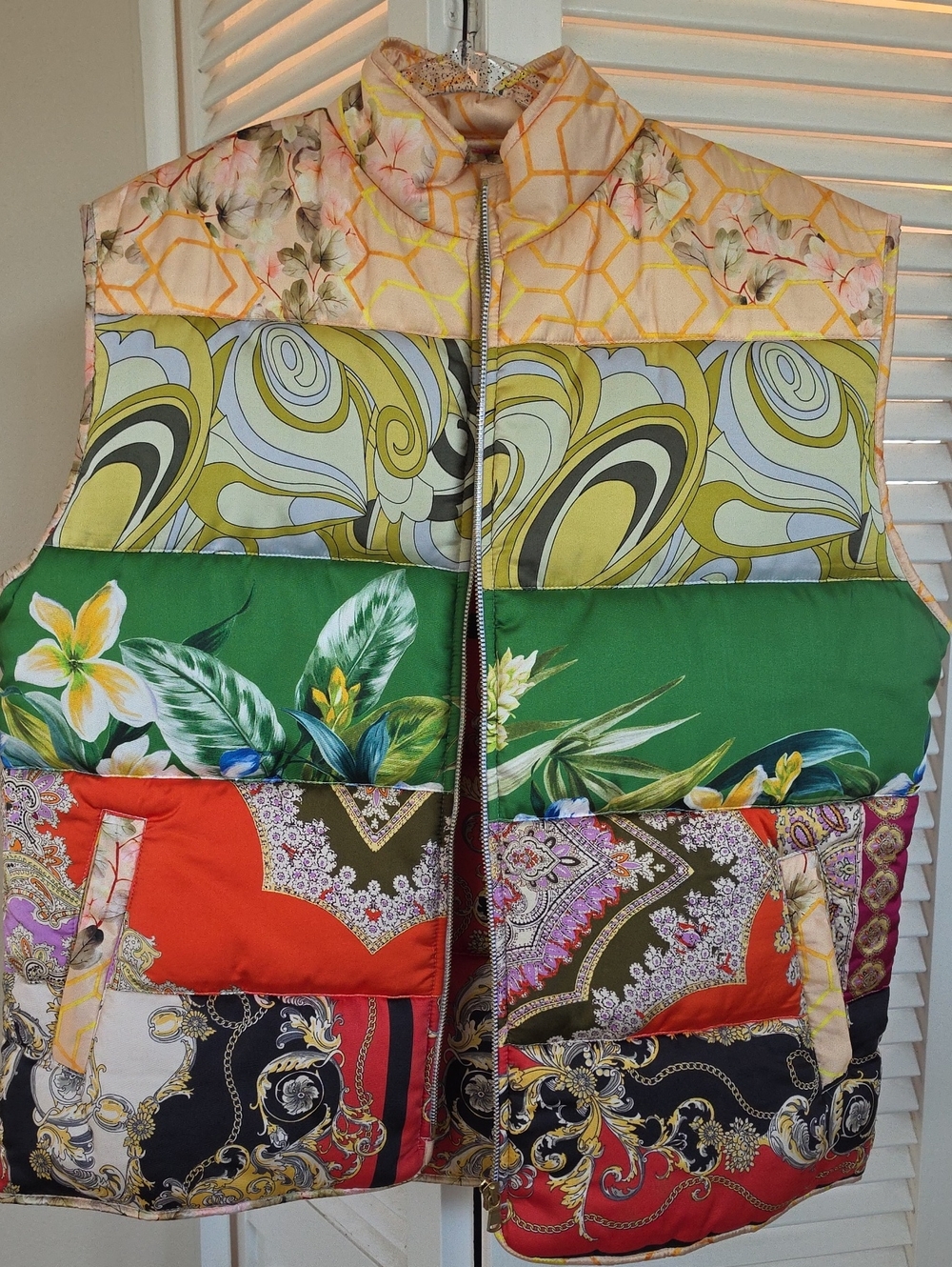 Patchwork Quilted Sleeveless Vest - Green Multi
